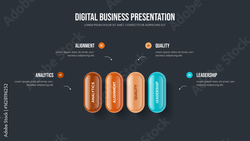 Professional Plan Slide Design Vector Illustration. Digital Campaign Four Element Infographic Frame Template. Consulting Profile 4 Option Diagram Slideshow Layout.
