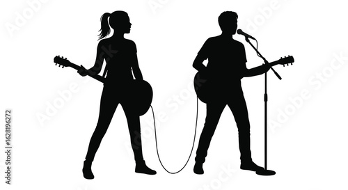 Silhouette of Musical Duo Performing with Guitars and Microphone on Stage