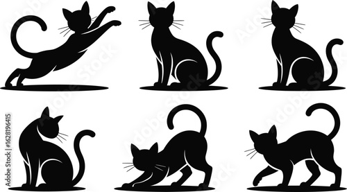 Collection of six black cat silhouettes in various poses