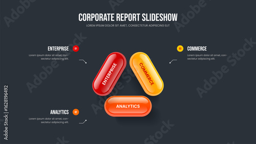 Consulting Performance Presentation Layout Vector Illustration. Financial Review 3 Element Diagram Slide Design. Advertising Development Three Option Infographic Frame Template.