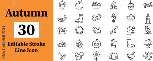 Collection of 30 autumn and thanksgiving icon isolated on transparent background