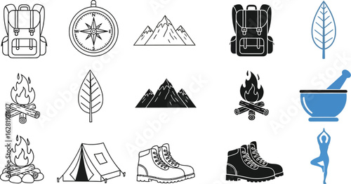 Outdoor adventure and camping icons set