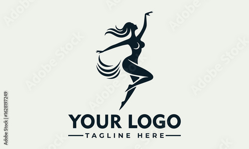 Silhouette logo of a leaping woman, stylized dance pose, elegant design.