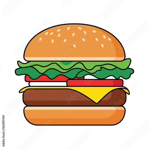 Flat vector burger with sesame bun, lettuce, tomato, cheese, and patty, clean lines, isolated on white background