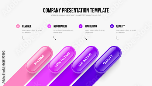 Service Visualization Slide Design Vector Illustration. Visual Analysis 4 Option Diagram Slideshow Template. Project Review Four Element Infographic Presentation Layout.