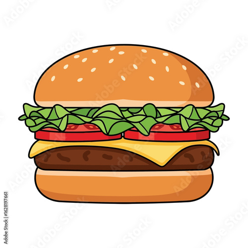 Flat vector burger with sesame bun, lettuce, tomato, cheese, and patty, clean lines, isolated on white background