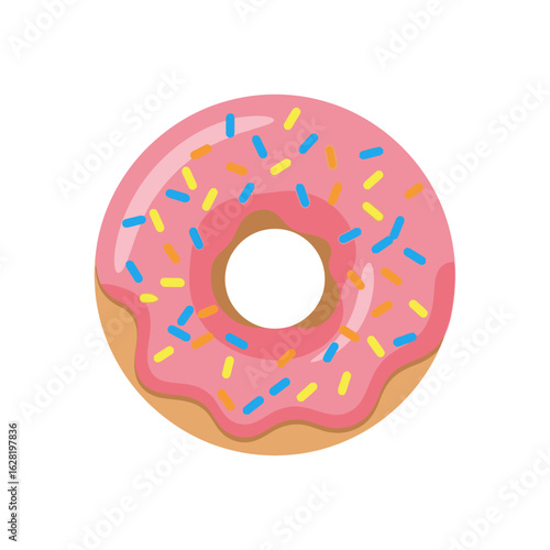 Flat vector donut with pink glaze and sprinkles, minimalist style, isolated on white background