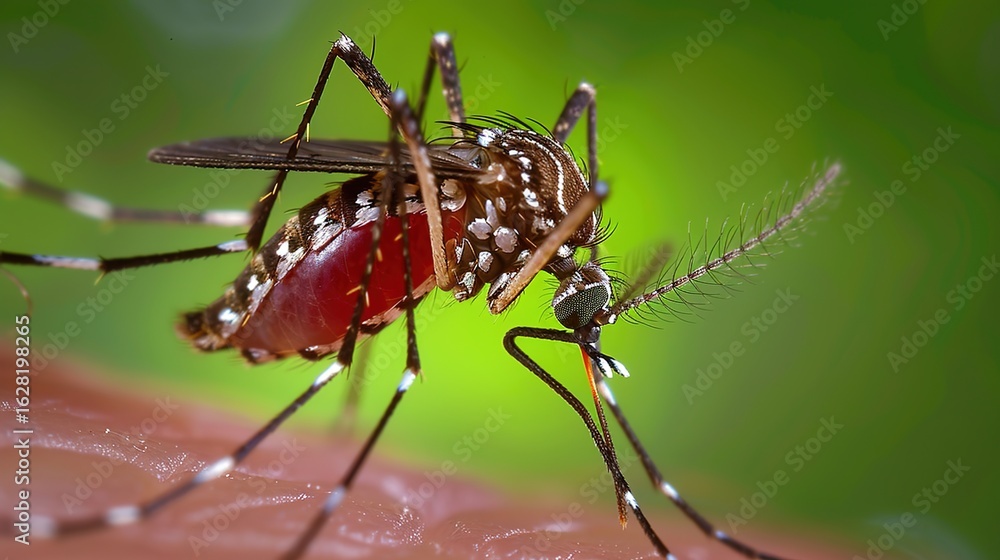 Fototapeta premium Mosquitoes sucking blood is a common biological phenomenon primarily observed in female mosquitoes, as they require blood meals to obtain essential proteins and iron for egg developmen