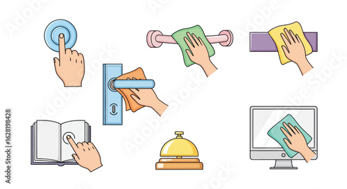 Hands cleaning various surfaces with cloths for hygiene and disinfection