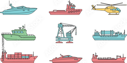 Collection of various watercraft and a helicopter