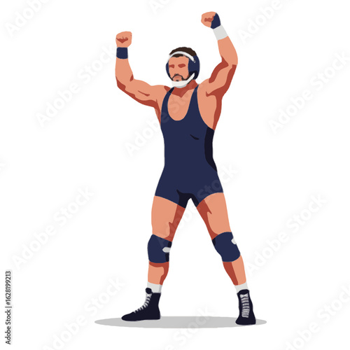 Victorious Wrestler Celebrating Win With Arms Raised, Sports Illustration, Flat Design
