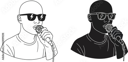 Two stylized portraits of a rapper holding a microphone