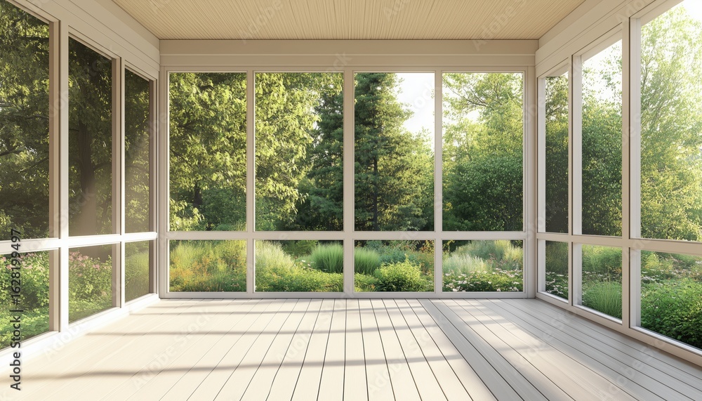 Fototapeta premium Contemporary Screened Porch Enclosure Featuring Plastic Windows And Composite Flooring With A Rustic Summer Woods Aesthetic.