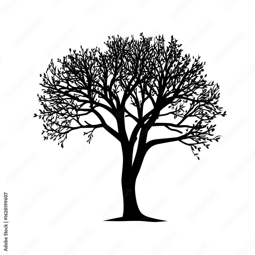 Obraz premium On a white background a single tree's simple black modern silhouette is isolated