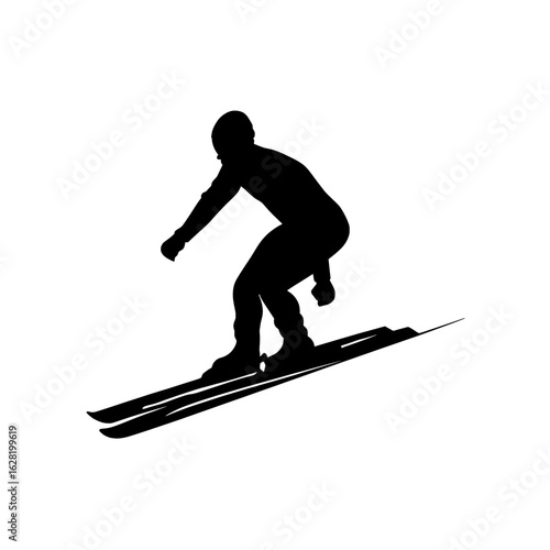 A moving skier is depicted in modern silhouette form on a white background