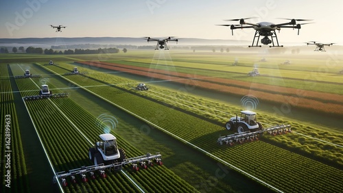 This image shows a high-tech farm with autonomous tractors and drones working in a field, symbolizing modern agriculture, precision farming, and sustainable technology.