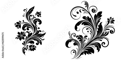 The image depicts a decorative flourish in the form of an ornate black silhouette, featuring floral and scrolling elements that evoke a vintage aesthetic, presented as a modern clipart illustration