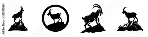 A contemporary outline of a markhor on a mountain set against a white backdrop