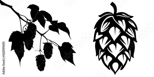 The illustration depicted is a black and white modern representation of a beer hop silhouette, commonly referred to as a hop cone, used as a brewing ingredient in the beer-making process