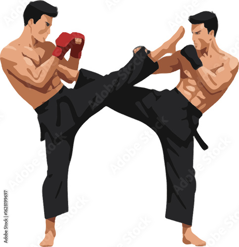 Two martial arts fighters are engaged in a dynamic kickboxing match. The illustration showcases a high-energy combat scene. The focus is on the action, movement, and skill.