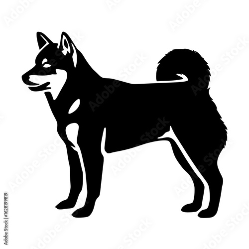 A Finnish spitz is depicted in a modern full-body silhouette illustration on a white background