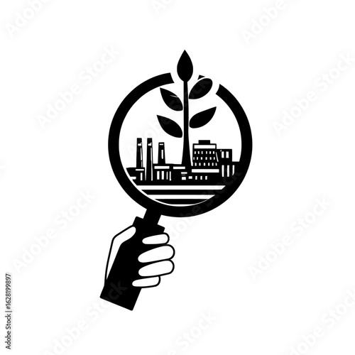A magnifying glass held in one's hand to inspect factory emissions and plant growth serves as a potent symbol for sustainability, ecology, and the pursuit of green solutions to combat air pollution