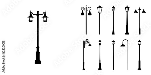 Silhouettes of modern street lamp posts gathered on a plain white background
