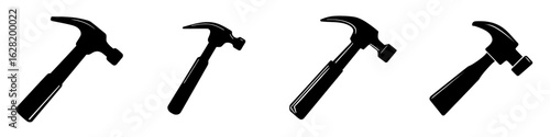 A basic illustration featuring a claw hammer in black silhouette set against a white backdrop