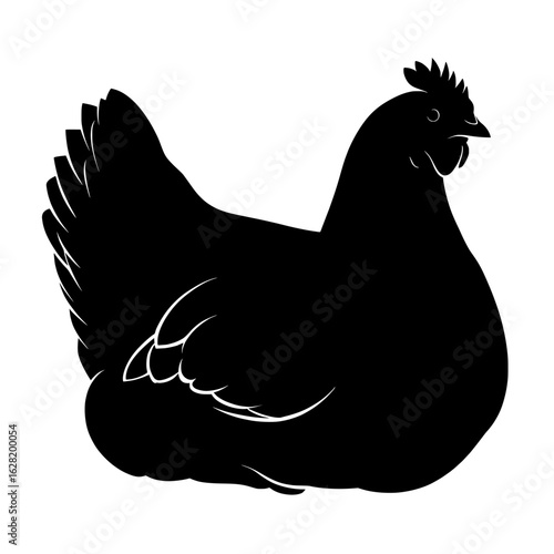 A black silhouette illustration of a hen sitting peacefully on a white background serves as a modern design element