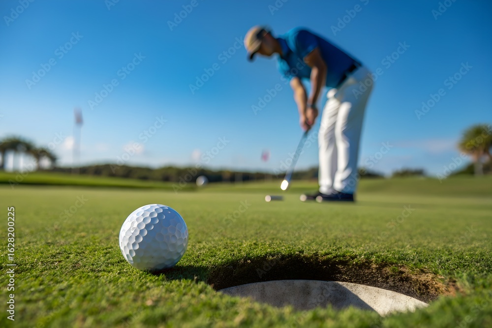 Obraz premium Taken with a shallow depth of field, captures a golfer in the background, out of focus, preparing to putt. The main subject in the foreground is a golf ball positioned near the edge of a golf hole.