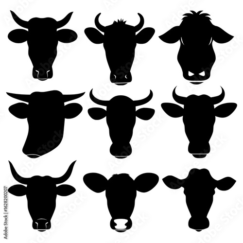 Isolated on white, this set features modern silhouettes of cow heads and farm animals