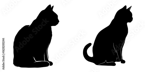 Isolated on a white background, a black cat silhouette is presented in side view with a thick outline