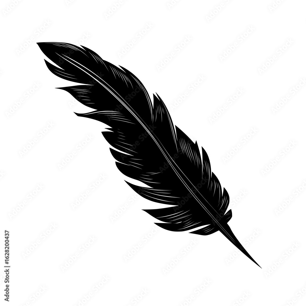 Fototapeta premium A detailed modern illustration featuring a solitary feather set against a plain white backdrop in black and white