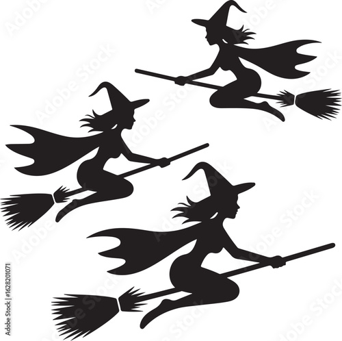 Witch Silhouettes Flying on Broomsticks – Sexy Mythical Female Characters for HalloweenWitch Silhouettes Flying on Broomsticks – Sexy Mythical Female Characters for Halloween