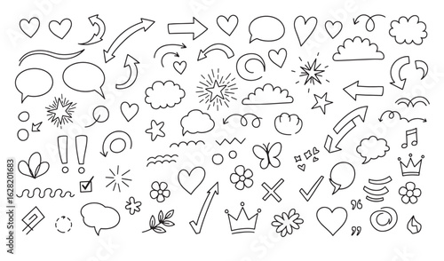 Hand drawn doodle elements collection including arrows hearts speech bubbles and stars vector graphic