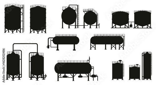 Silhouette Illustration of Various Industrial Storage Tanks.  vector , silhouette design