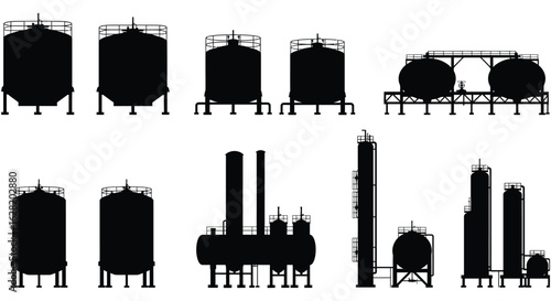 Silhouette Collection of Industrial Storage Tanks and Facilities.  vector , silhouette design