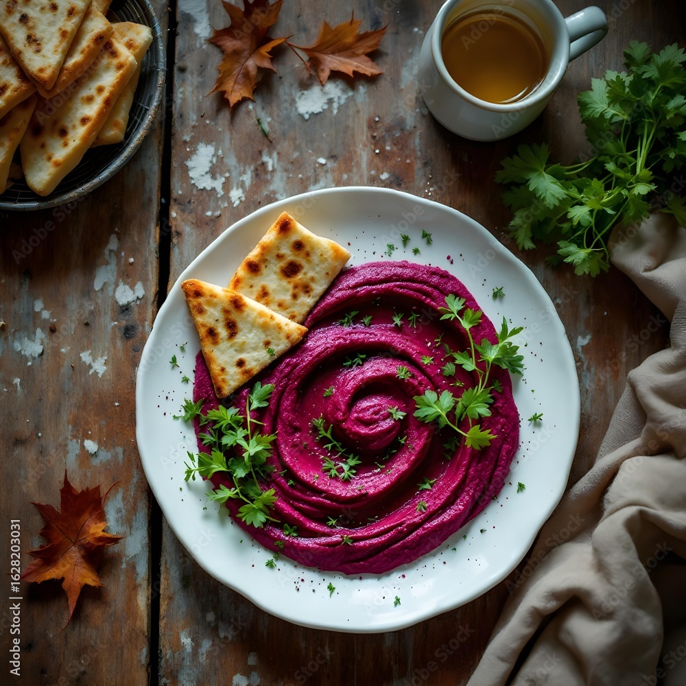 custom made wallpaper toronto digitalBeetroot Hummus + Red Radish Slices + Pita Bread on the white plate