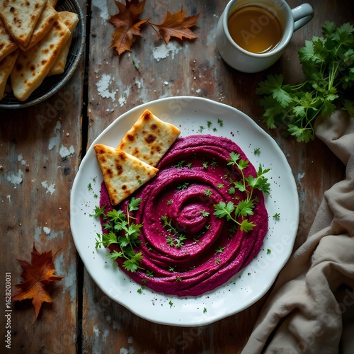 Wallpaper Mural Beetroot Hummus + Red Radish Slices + Pita Bread on the white plate Torontodigital.ca