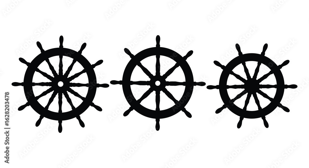 Fototapeta premium Three Black and White Nautical Steering Wheel Designs. vector , silhouette design