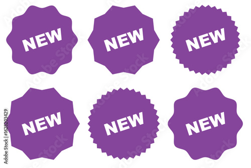 Set of promotional badges featuring the word "NEW" in bold white text, presented in multiple geometric shapes, ideal for showcasing newly launched products