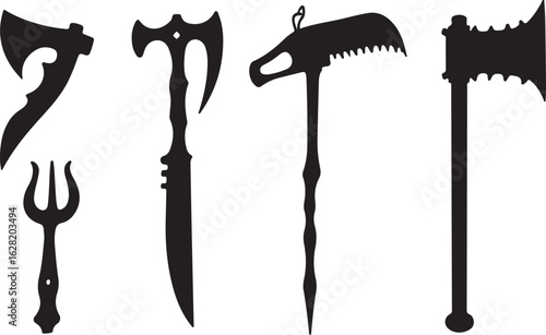 Silhouetted weapons collection with axes, hammers, and a pitchfork on white backdrop