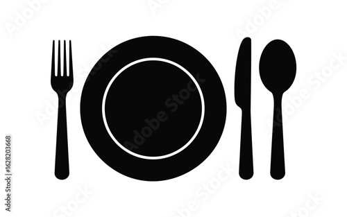 Vector art of black cutlery set with plate, fork, knife, and spoon isolated on white background