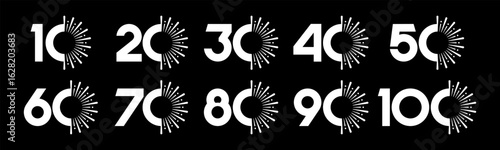 Set of collection numbers 10 to 100 with fireworks vector illustration. Fireworks with numbers 10, 20, 30, 40, 50, 60, 70, 80, 90, 100 for greetings, anniversary, discounts and more.