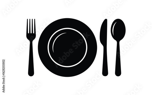 Vector art of simple black cutlery set with plate, fork, knife, and spoon isolated on white background