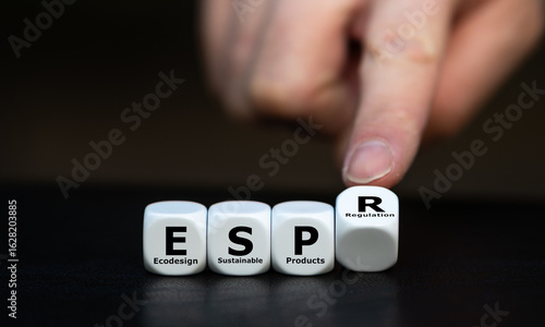 Photo of dice spelling “ESPR – Ecodesign for Sustainable Products Regulation” with a finger pointing. Symbolizes EU sustainability law, eco-design, and circular economy goals.