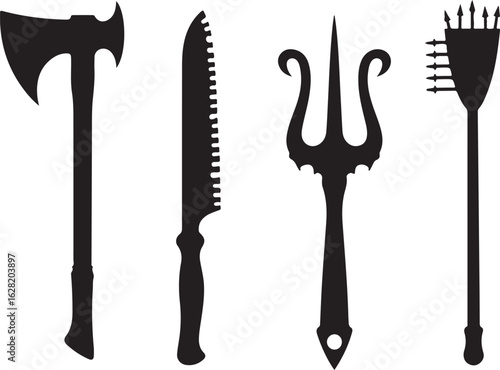 Silhouettes of sharp tools ready for use in various conceptual scenarios