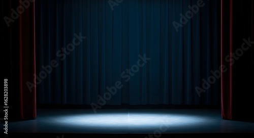 Empty stage with blue curtains and dramatic spotlight creating anticipation for performance or presentation