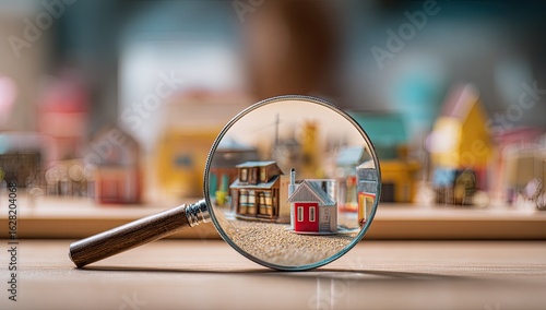 Fototapeta Naklejka Na Ścianę i Meble -  Miniature houses viewed through a magnifying glass