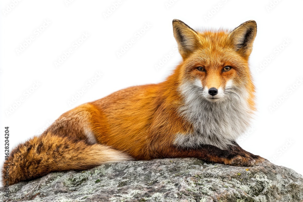 Obraz premium A red fox lounges on a lichencovered rock showcasing its orange fur white chest and alert expression against a white backdrop